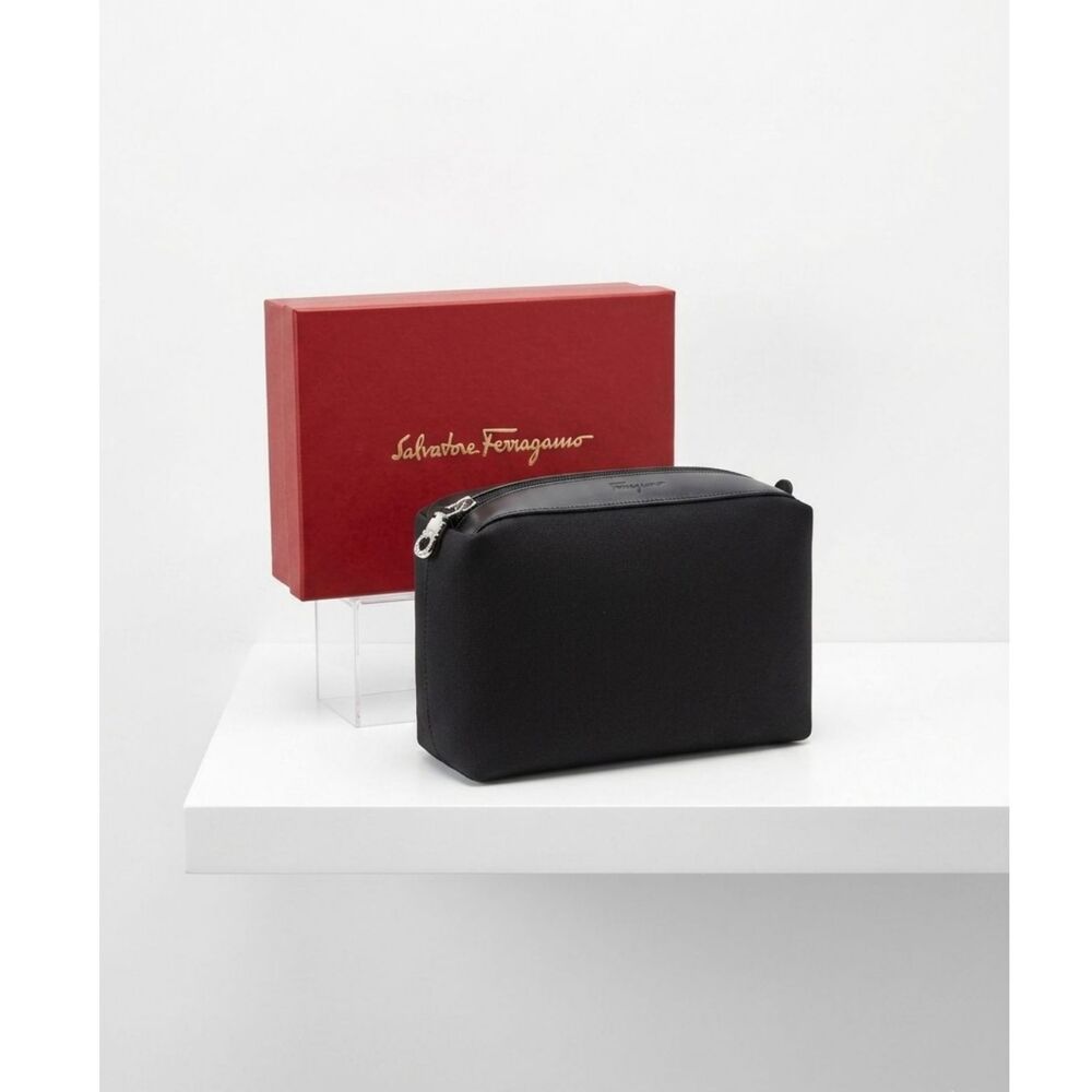 Salvatore Ferragamo Black Canvas & Leather Pouch with box